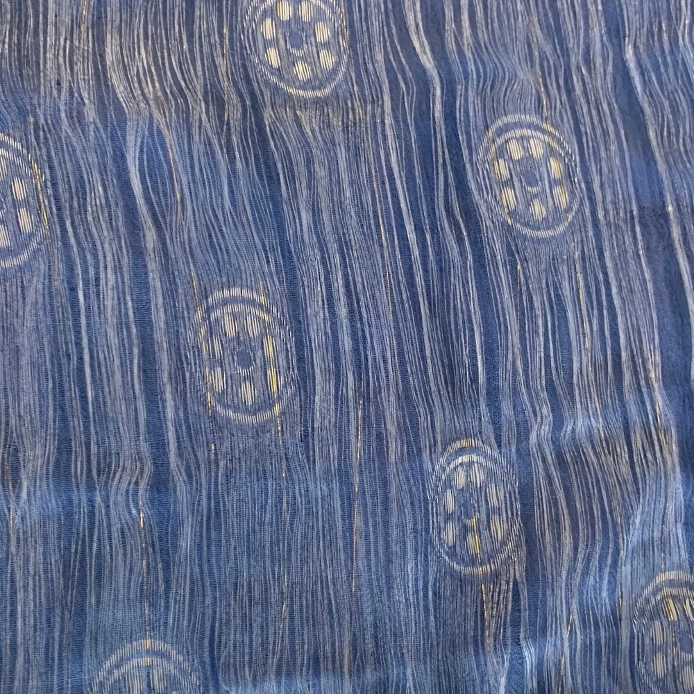 Blue Patterned silk Scarf with Fringe